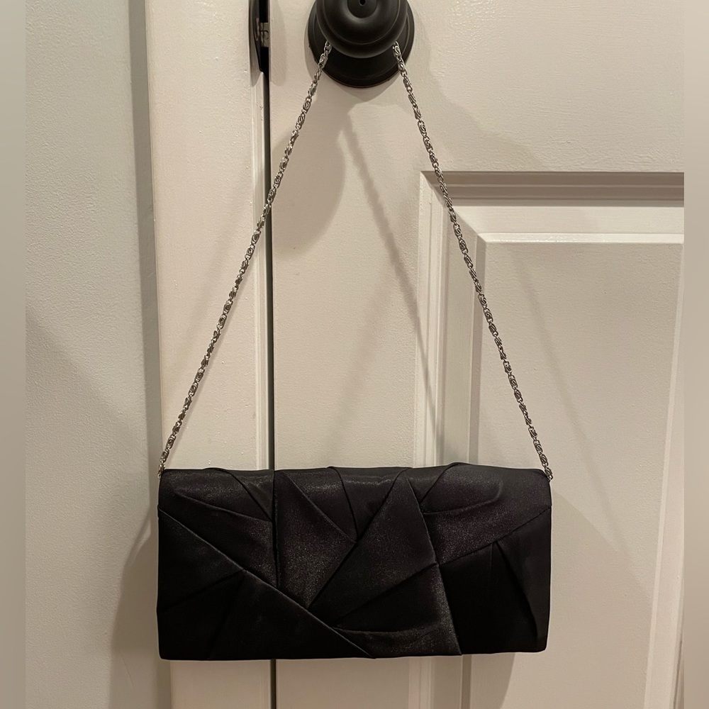 Jessica McClintock Black Satin Clutch, with optional silver shoulder strap.